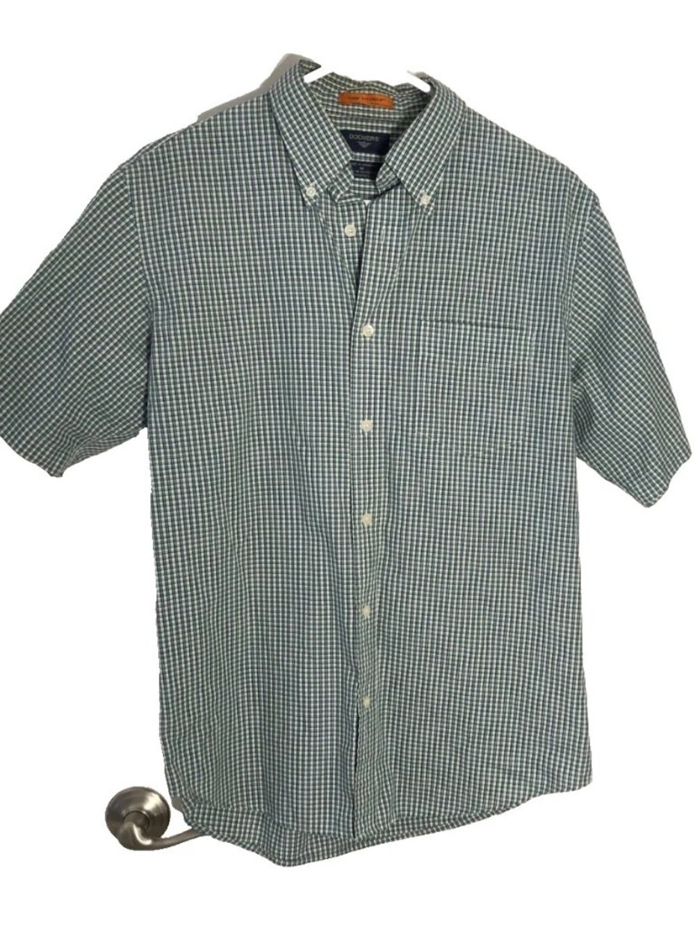 Men's Dockers Short Sleeve Shirt Sz M Blue Green Micro Plaid VGC Stain Defender